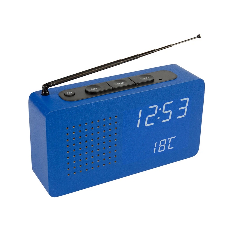 Radiosveglia da comodino in legno blu con ora, data e temperatura, funzionamento a doppia alimentazione: cavo USB (incluso) o 4 pile AAA (mini stilo, non incluse)